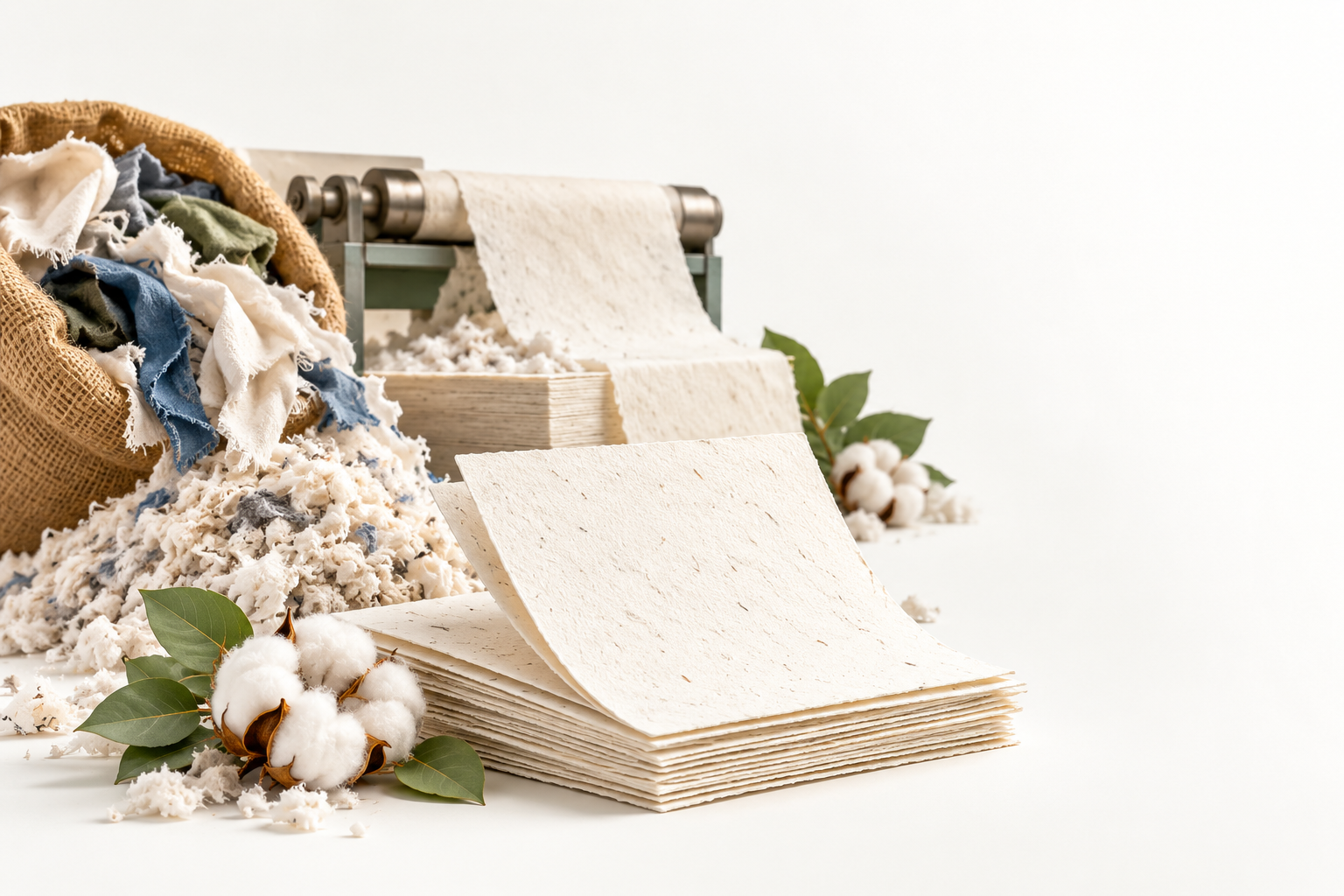 Recycled cotton paper sheets with a swing tag and cotton bolls
